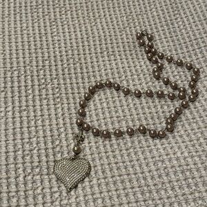 Sisi-Amber Faux Pearl With Fleur Di Lis And Pave Heart Pendant Necklace